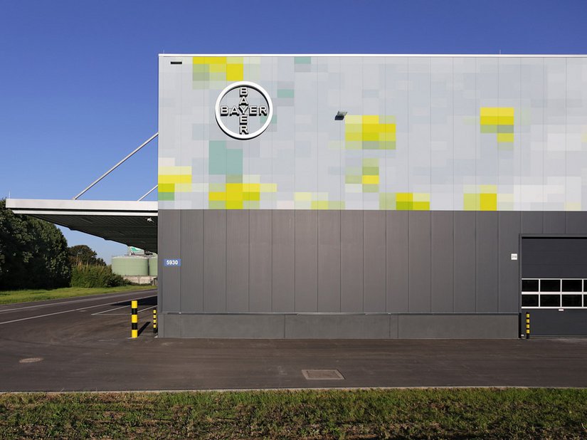 Elewacja budynku zachwyca abstrakcyjnym, wielkoformatowym przedstawieniem pola rzepakowego w formie pikseli.