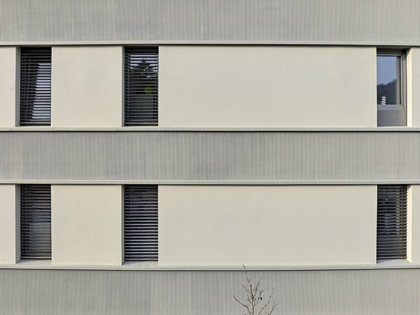 Pionowe płytki i pasy tynku o strukturze grzebieniowej, wykonane z użyciem Mineral-Leichtputz G 3679, tworzą interesującą kompozycję elewacji, łączącą w sobie tradycję i nowoczesność.